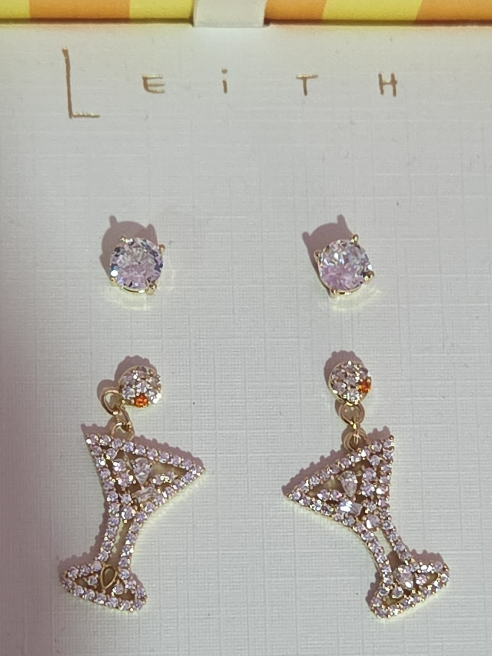 Leith Gold-Tone Pink Crystal Martini Drop Earrings - Double Stud Set